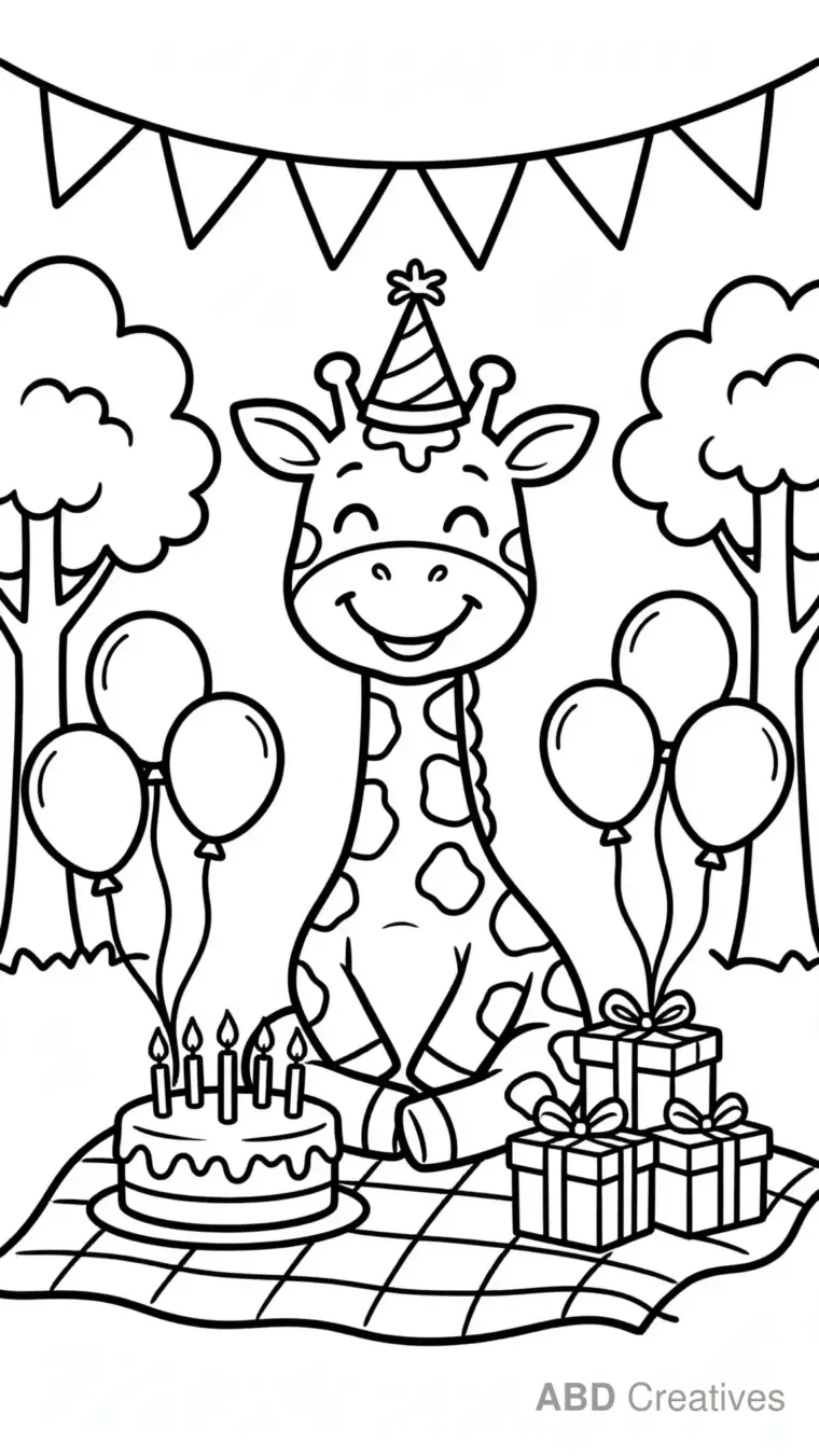 Giraffe at a Birthday Picnic Coloring Page
