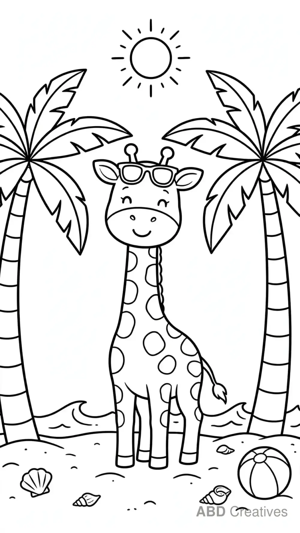 Giraffe at the Beach with Palm Trees Coloring Page