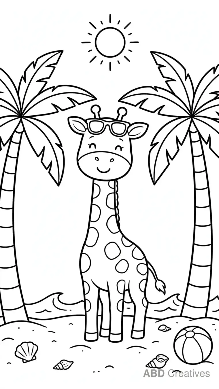 Giraffe at the Beach with Palm Trees Coloring Page