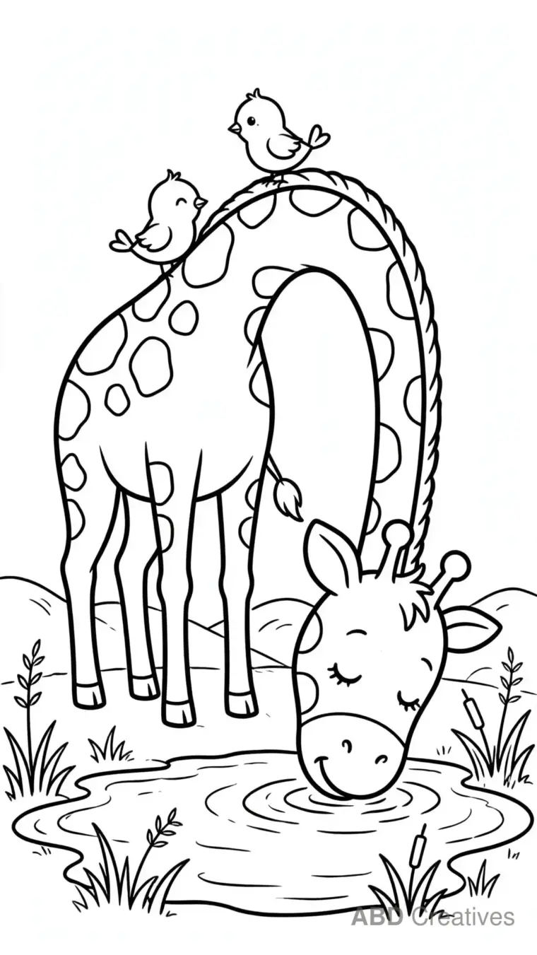 Giraffe at the Watering Hole Coloring Page