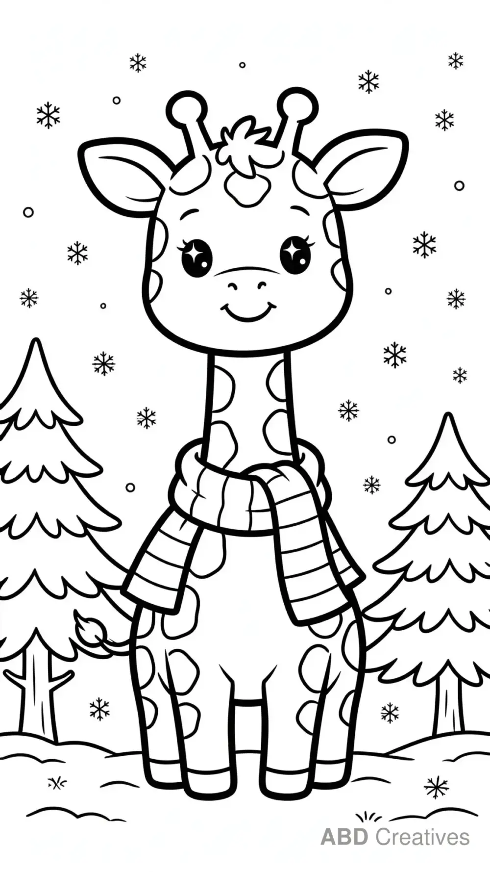 Giraffe in Winter Snow Wearing a Scarf Coloring Page