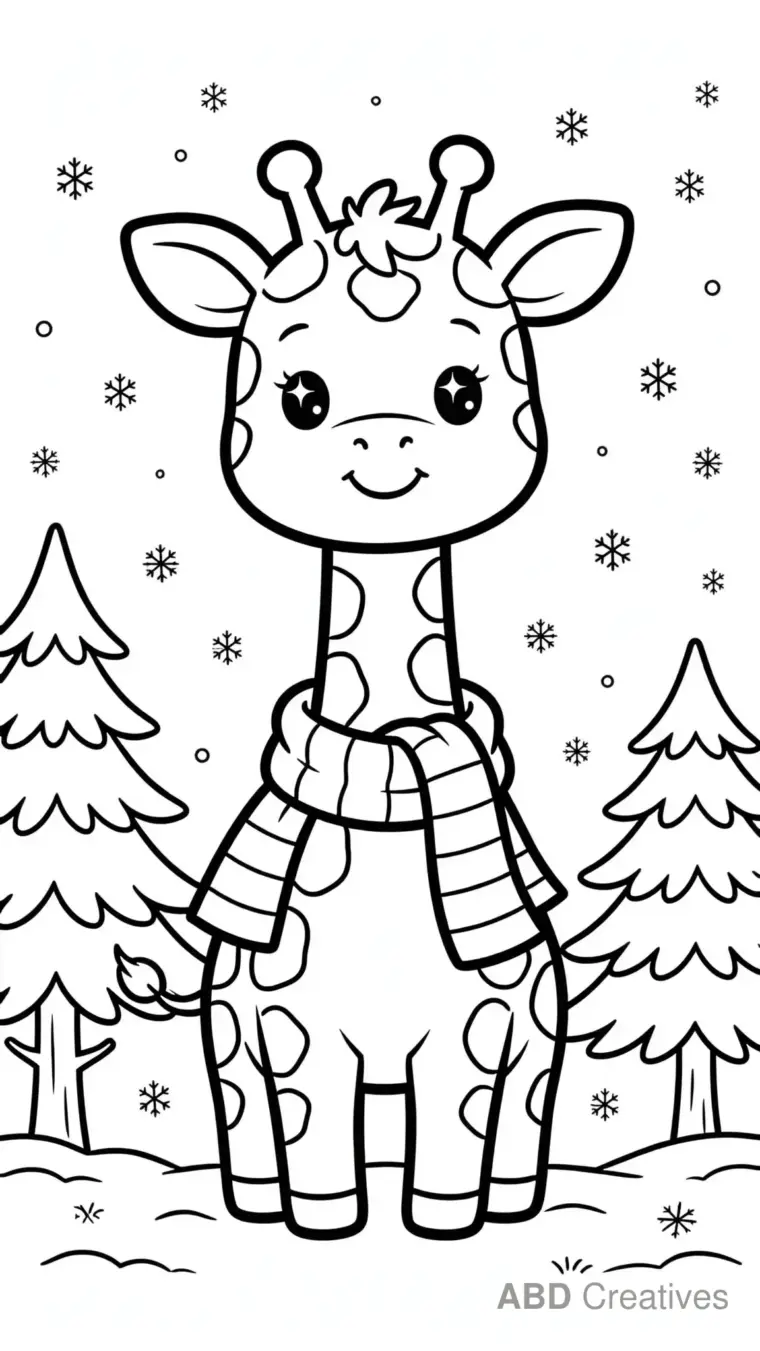 Giraffe in Winter Snow Wearing a Scarf Coloring Page