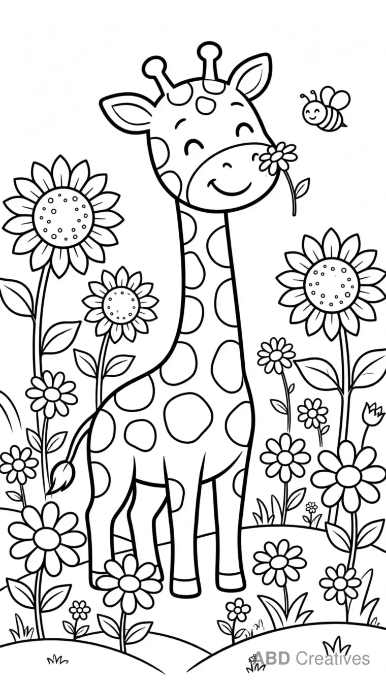 Giraffe in a Flower Meadow Coloring Page