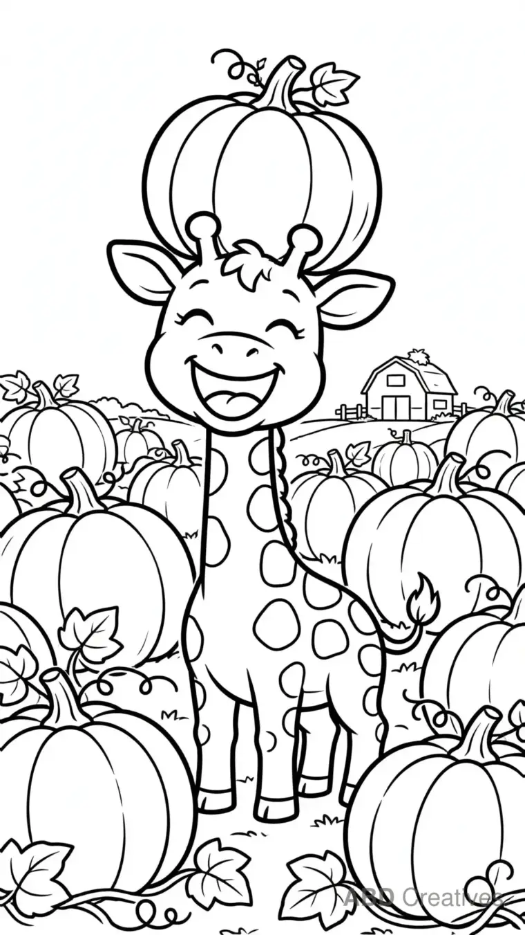 Giraffe in a Pumpkin Patch Coloring Page