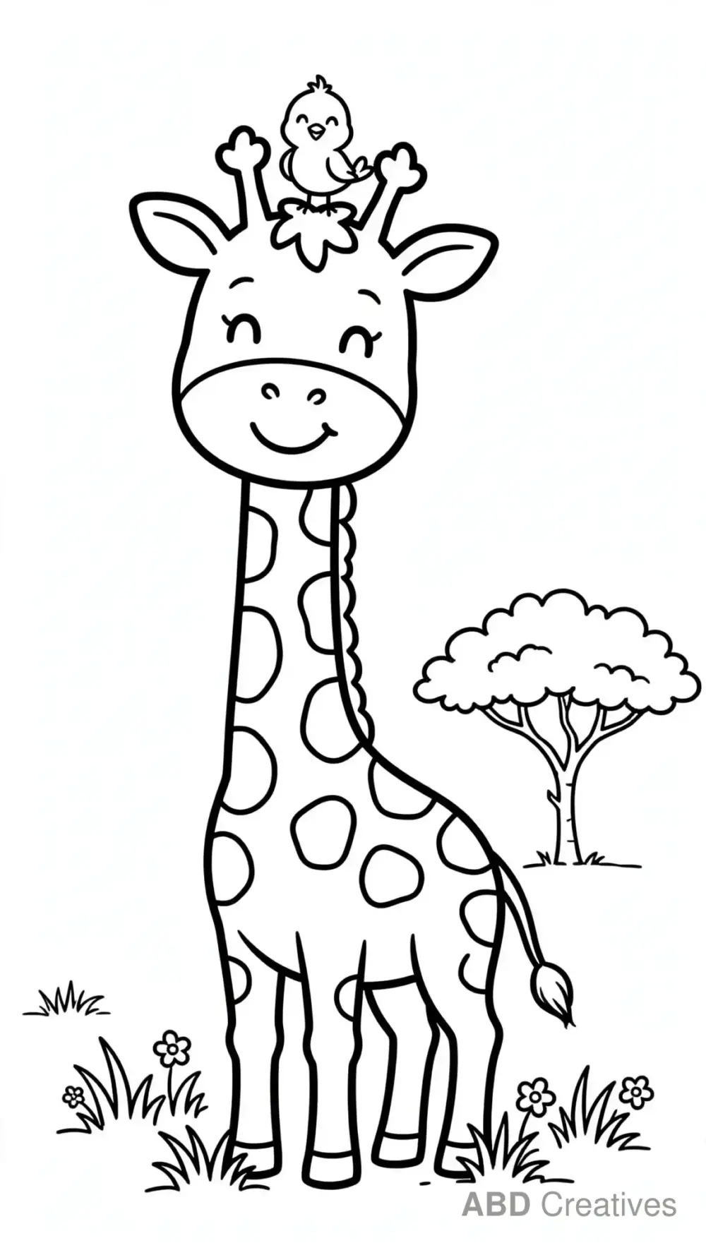 Giraffe with a Bird on Its Head Coloring Page
