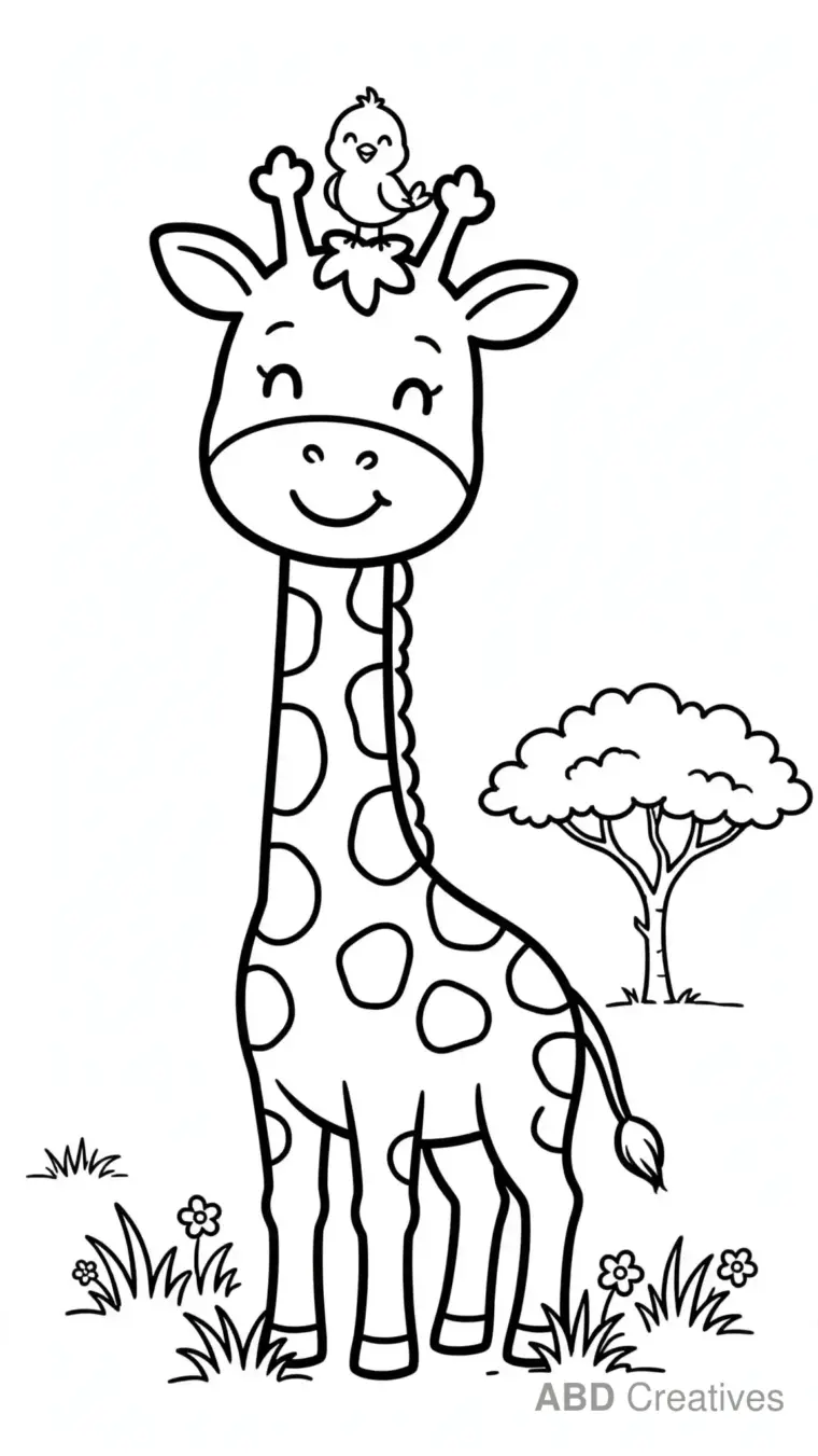 Giraffe with a Bird on Its Head Coloring Page