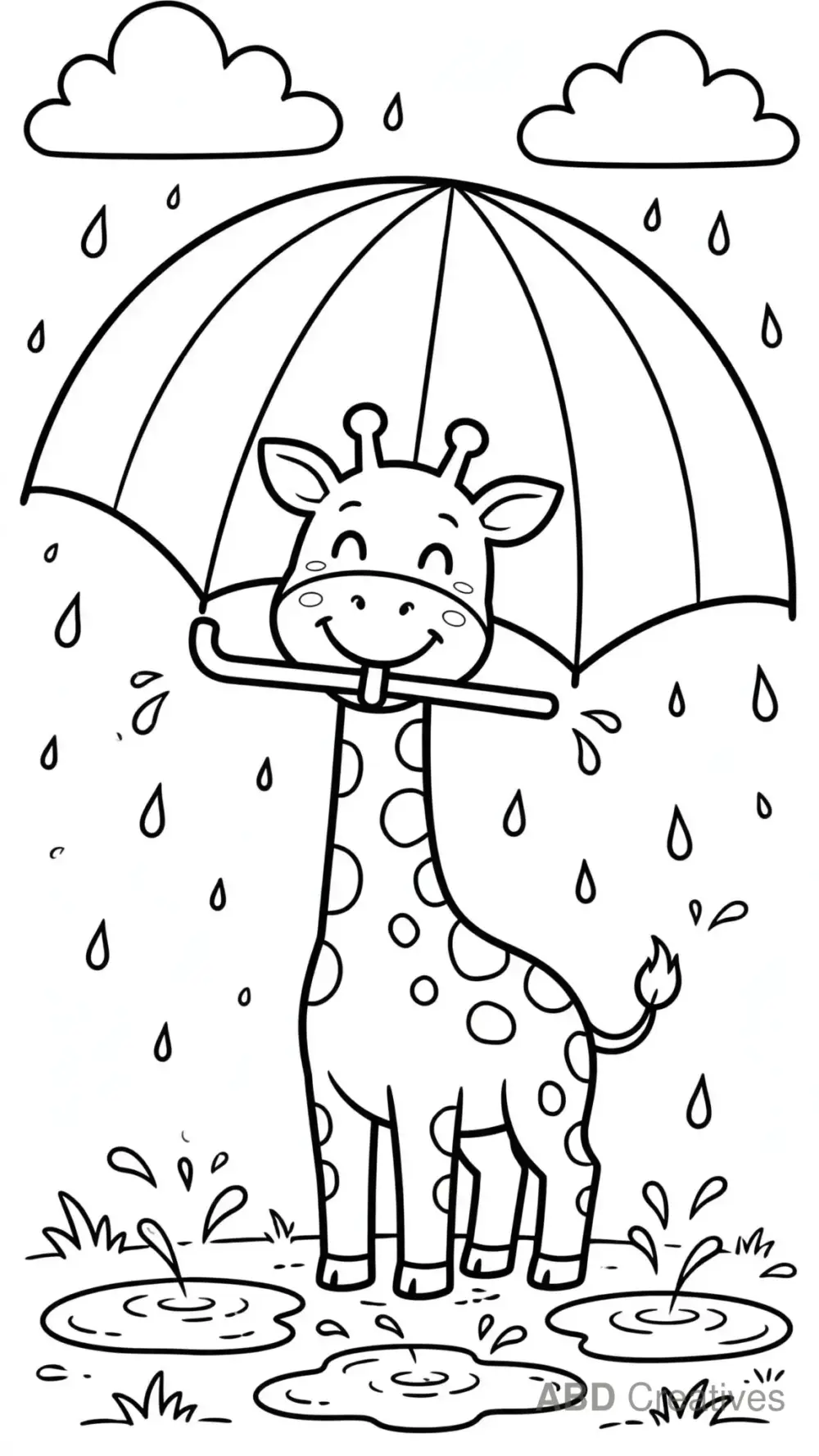 Giraffe with an Umbrella in the Rain Coloring Page