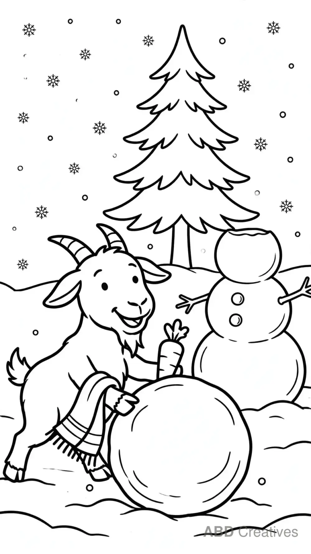Goat Building a Snowman Coloring Page