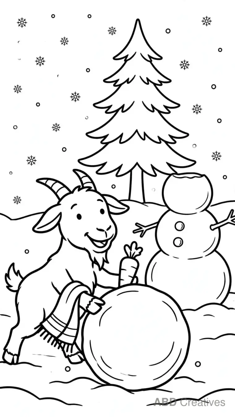 Goat Building a Snowman Coloring Page