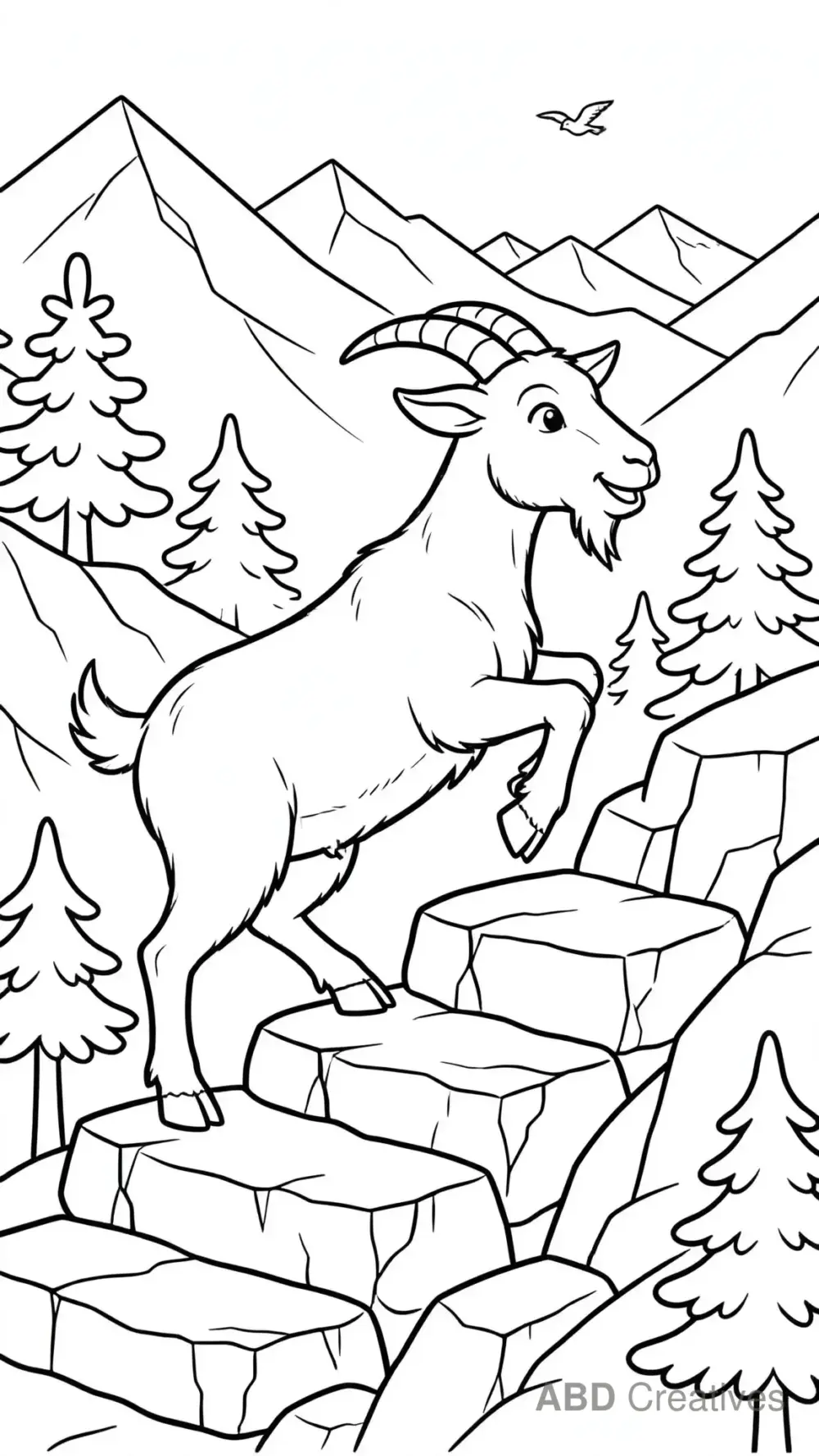 Goat Climbing a Rocky Mountain Coloring Page
