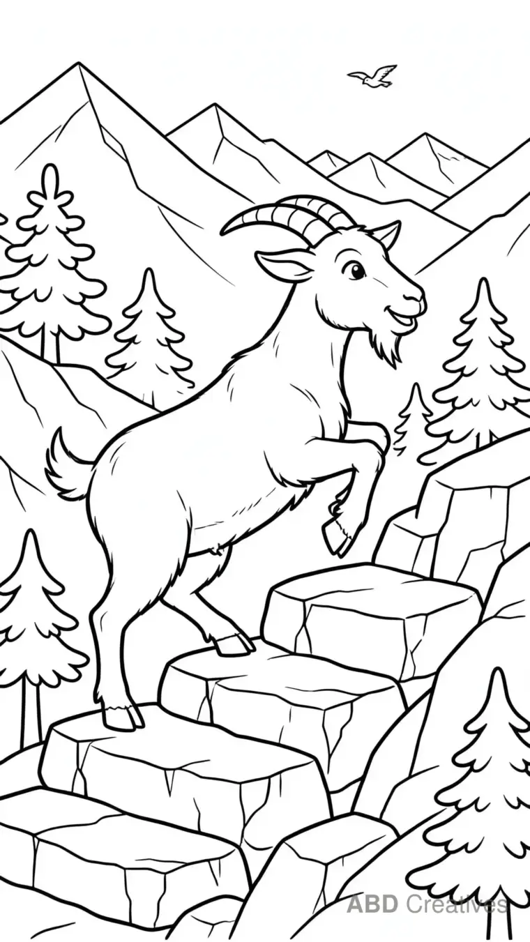 Goat Climbing a Rocky Mountain Coloring Page