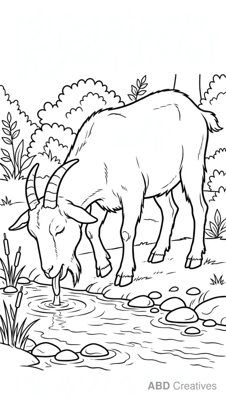 Goat Drinking from a Stream Coloring Page