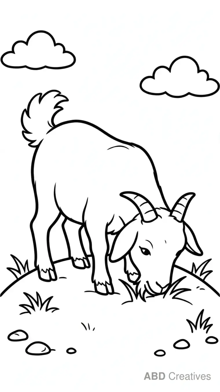 Goat Eating Grass on a Hill Coloring Page