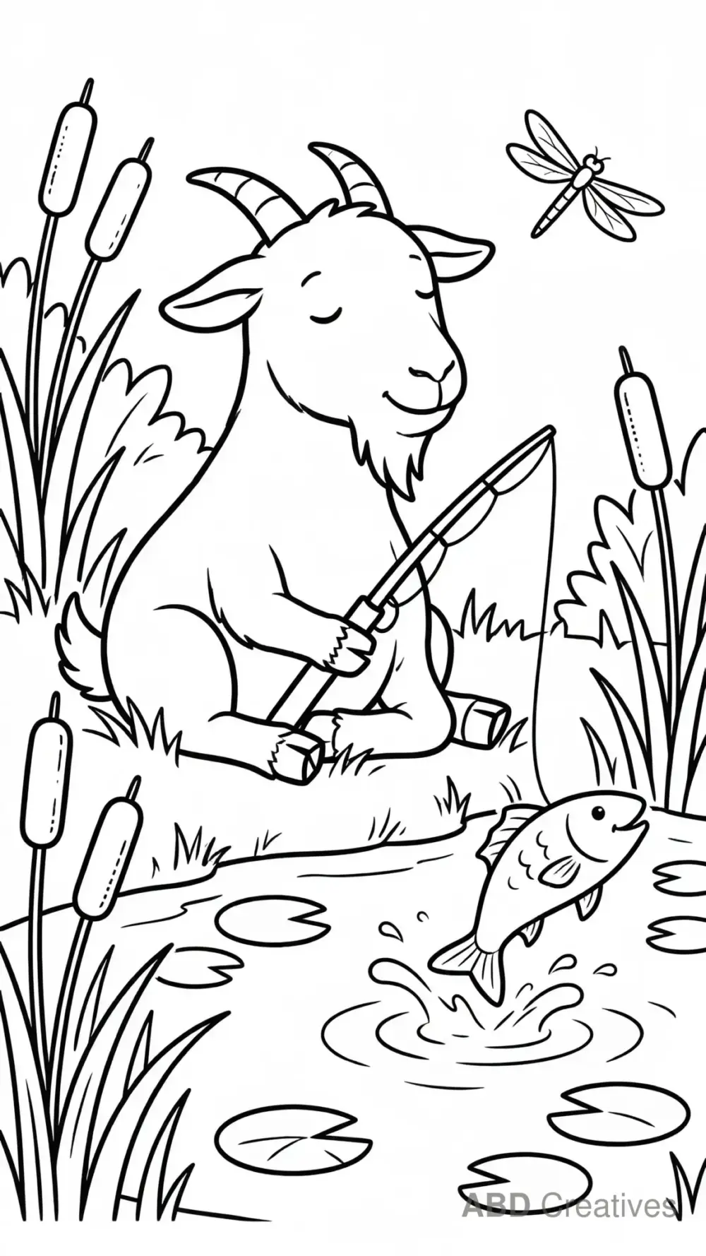 Goat Fishing by a Pond Coloring Page