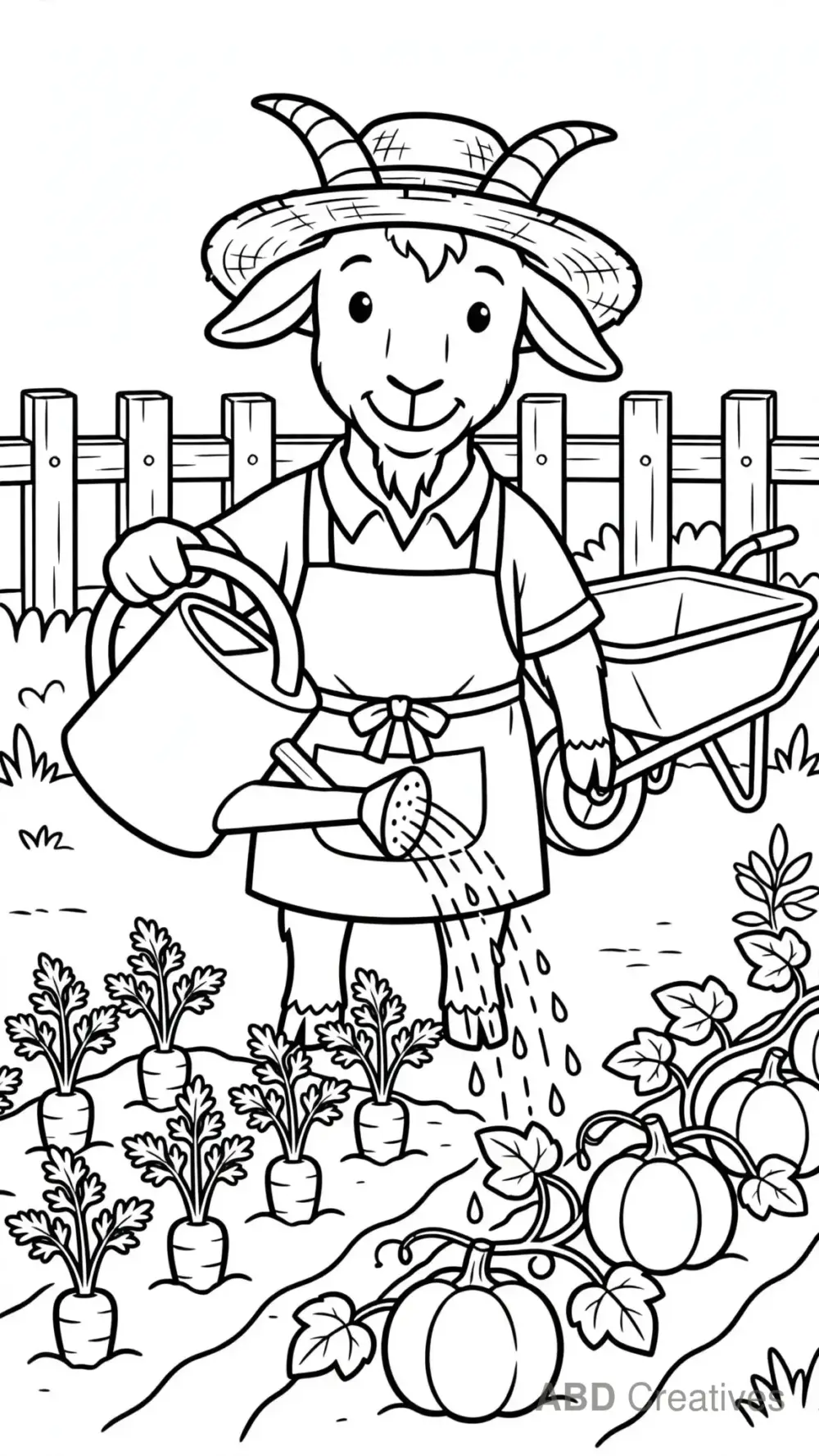 Goat Gardener Watering Vegetables Coloring Page