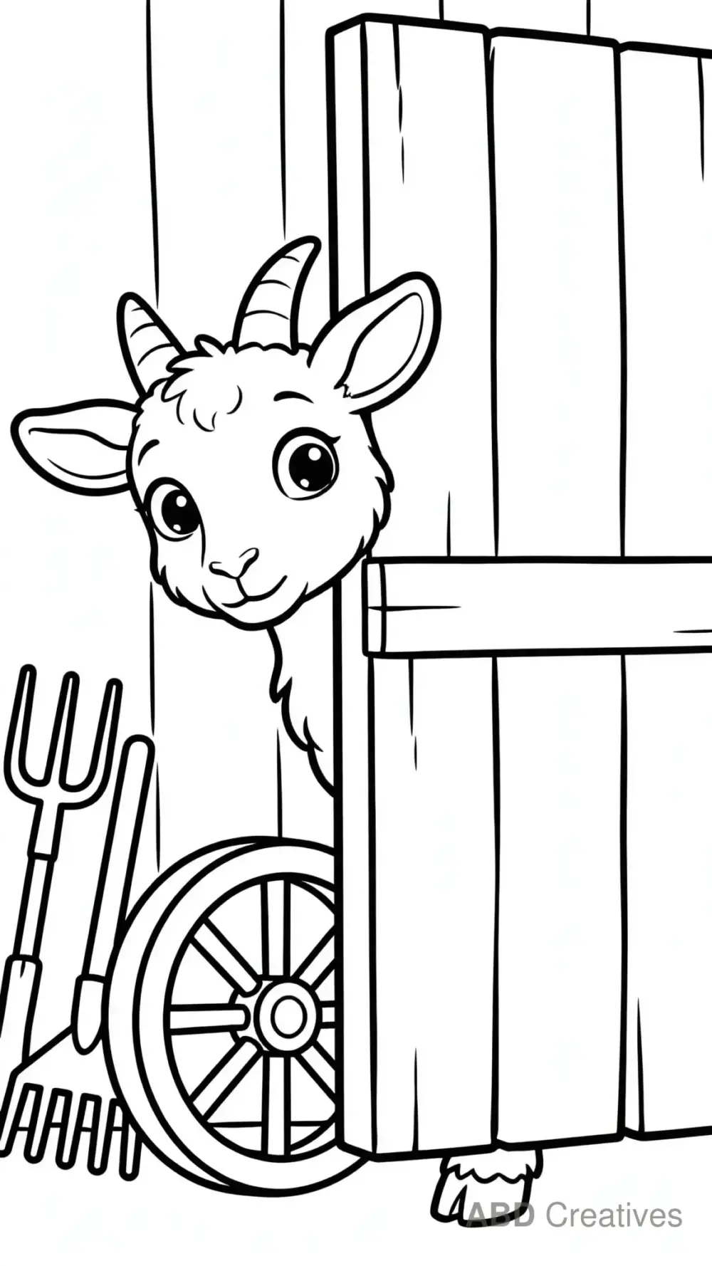 Goat Peeking from Behind a Barn Door Coloring Page