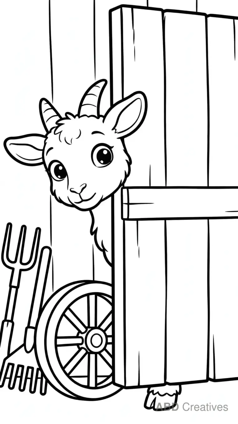 Goat Peeking from Behind a Barn Door Coloring Page