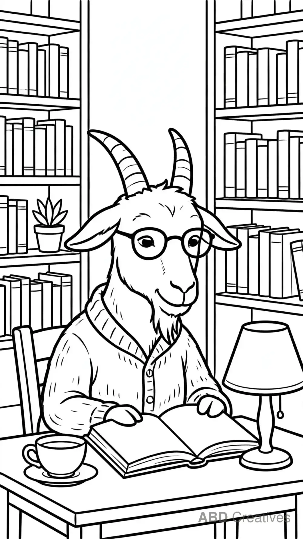 Goat Reading a Book in a Library Coloring Page
