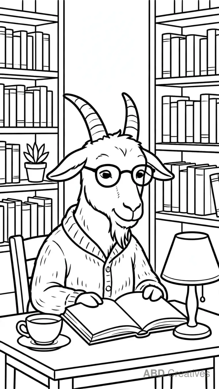 Goat Reading a Book in a Library Coloring Page