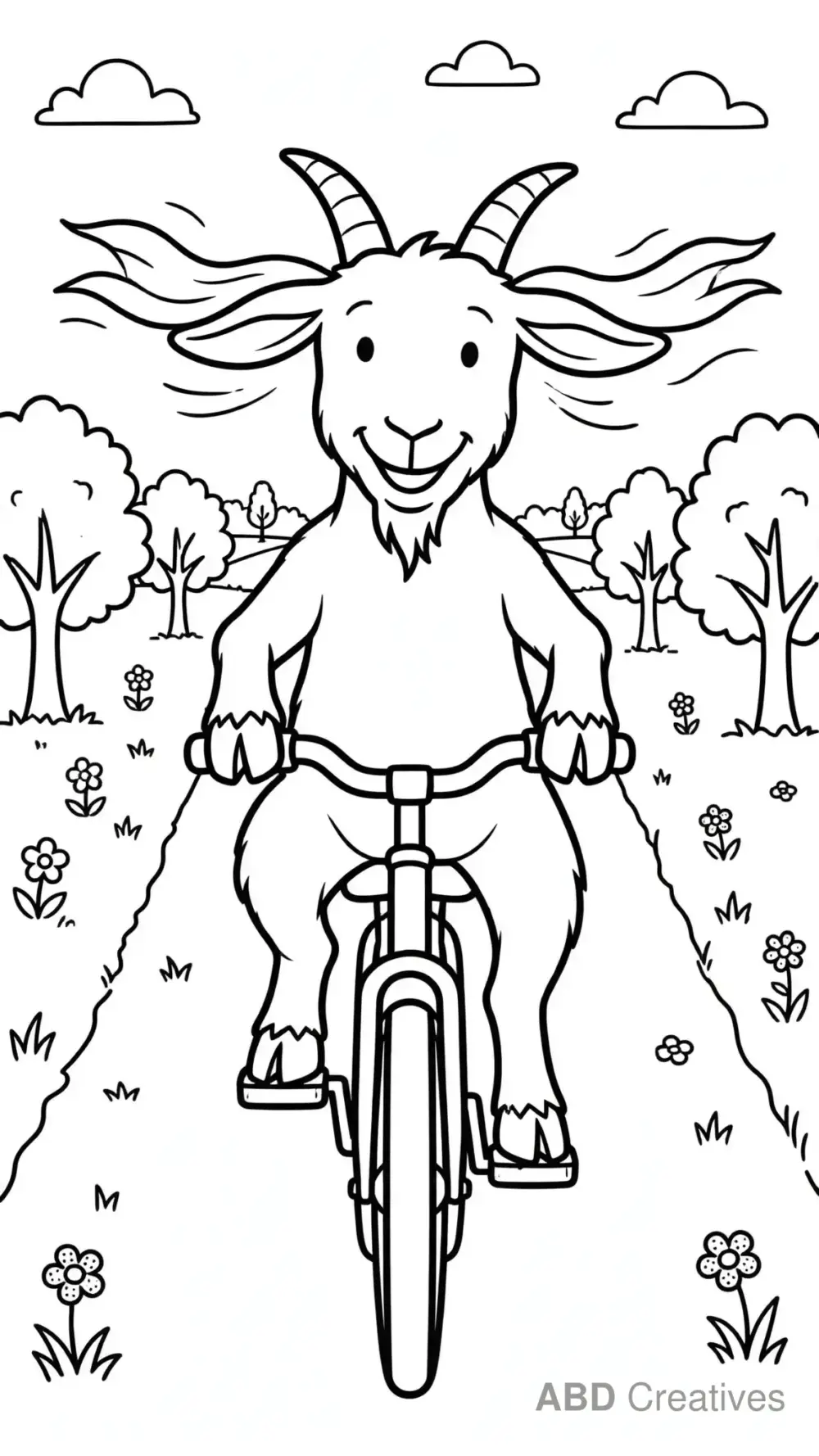 Goat Riding a Bicycle Coloring Page