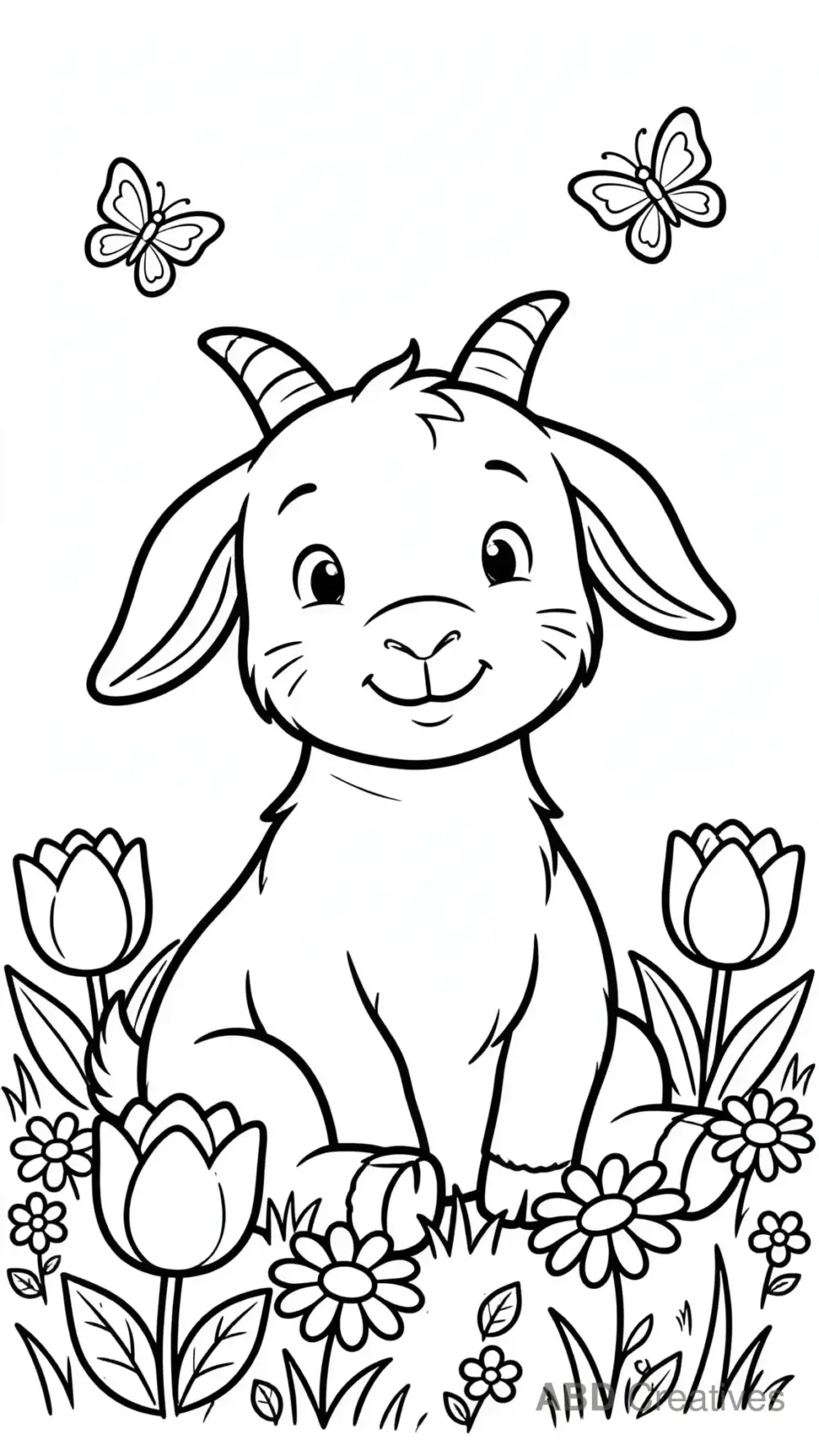 Goat Sitting in a Flower Meadow Coloring Page