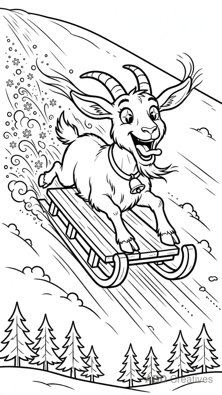 Goat Sledding Down a Snowy Hill Coloring Page