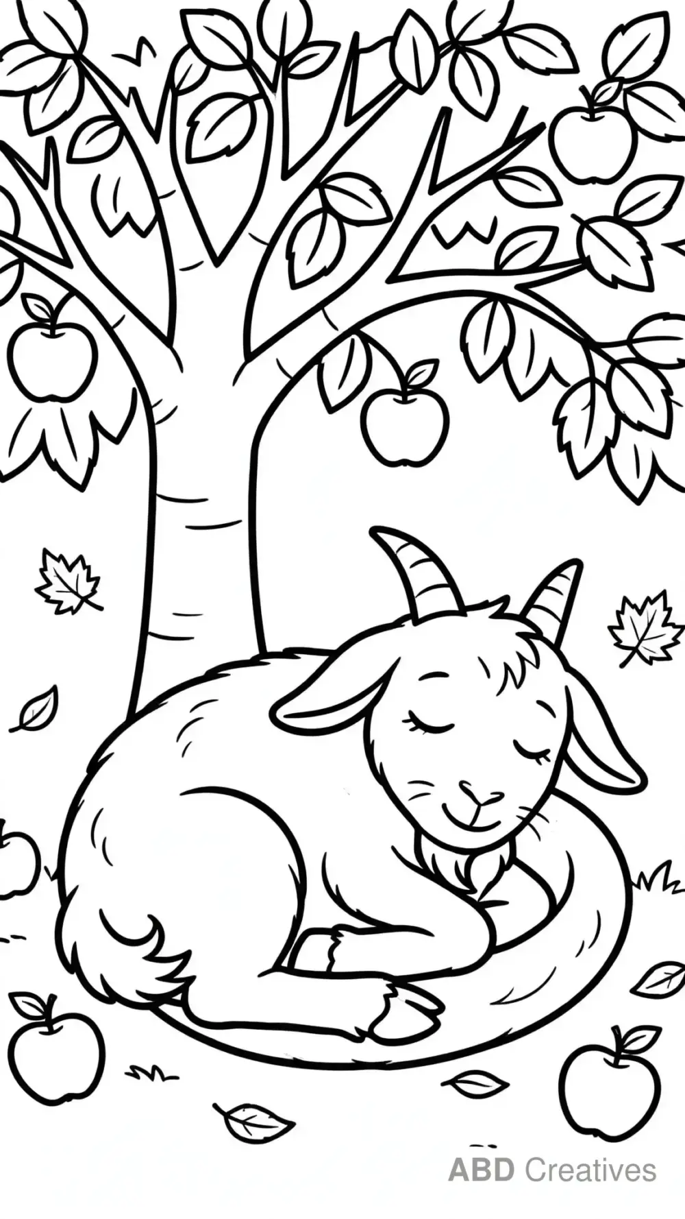 Goat Sleeping under an Apple Tree Coloring Page