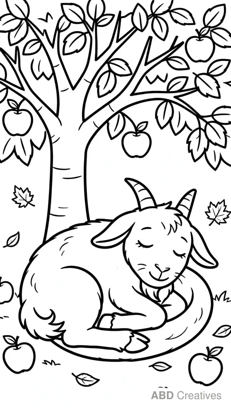 Goat Sleeping under an Apple Tree Coloring Page