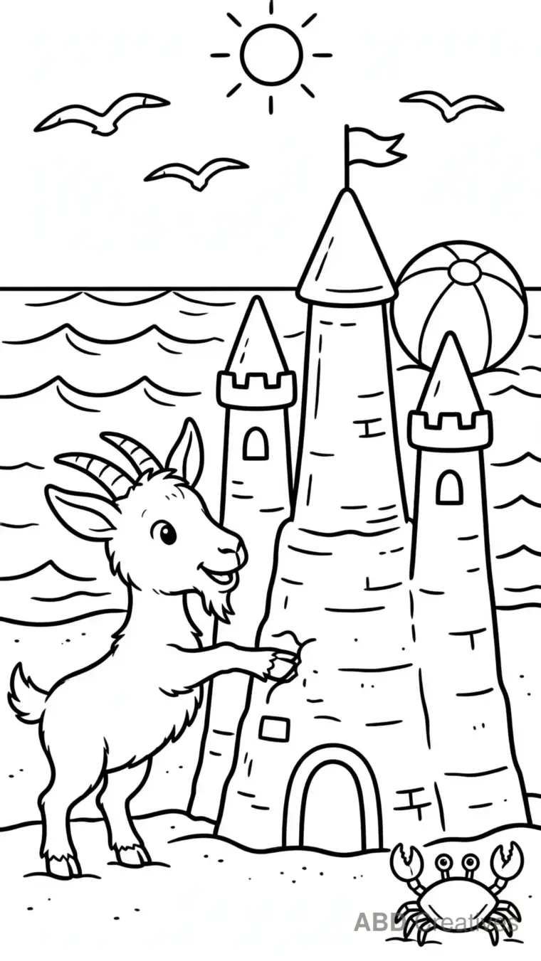 Goat at the Beach with a Sandcastle Coloring Page