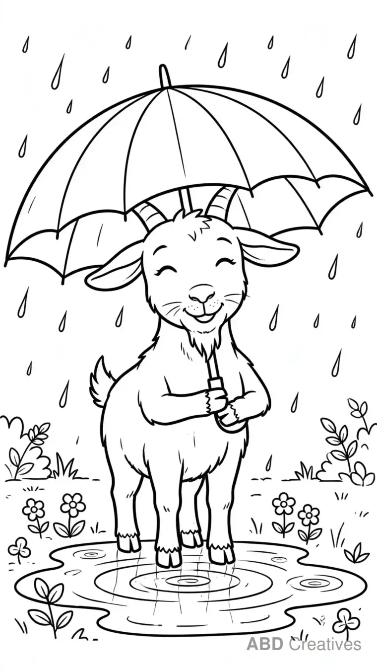 Goat in the Rain with an Umbrella Coloring Page