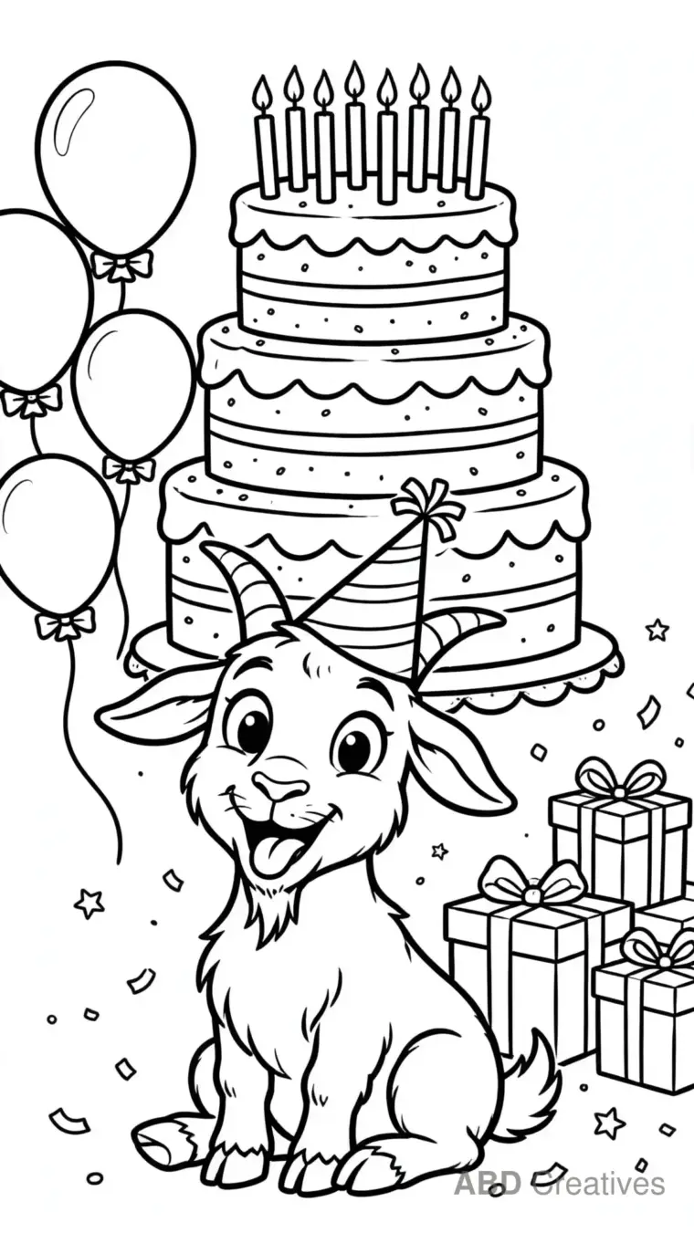 Goat with a Birthday Cake Coloring Page
