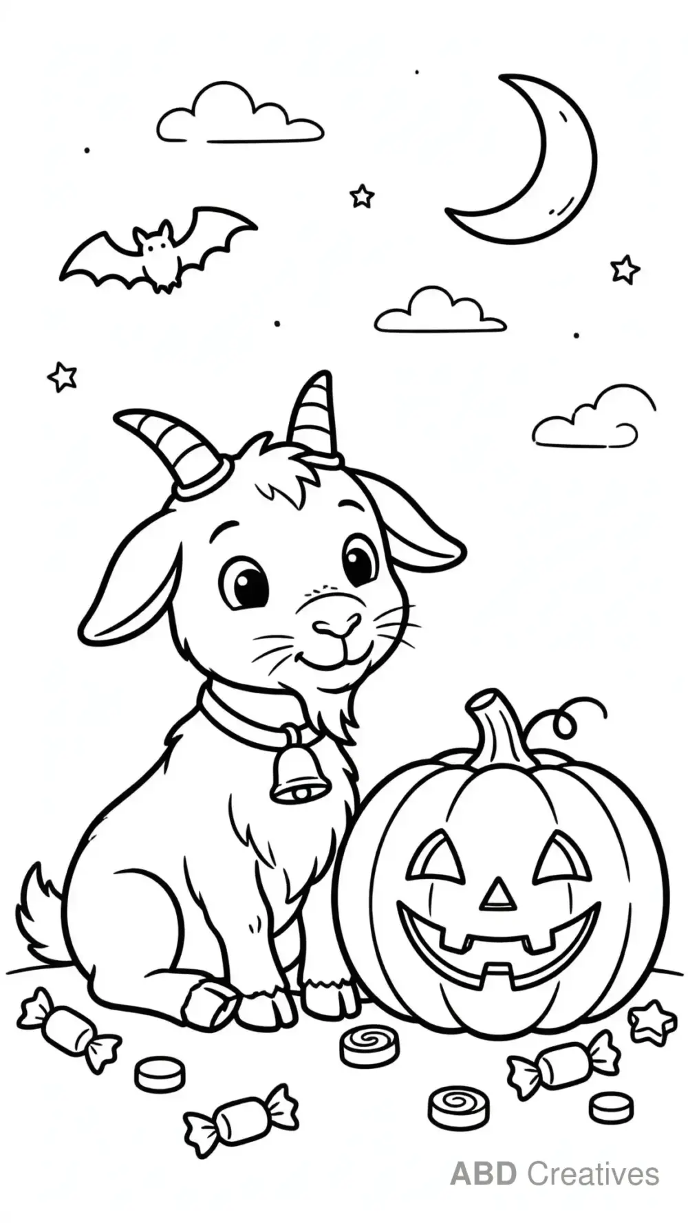 Goat with a Halloween Pumpkin Coloring Page