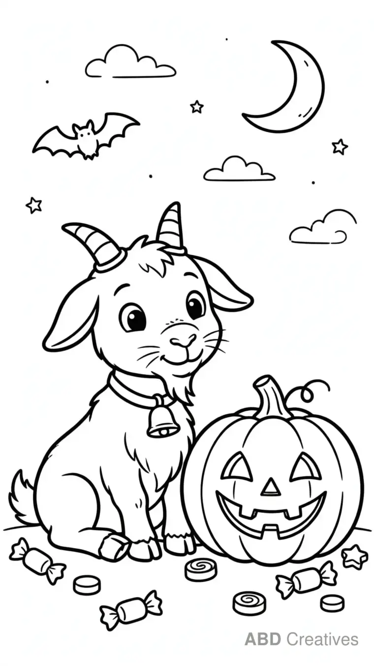 Goat with a Halloween Pumpkin Coloring Page