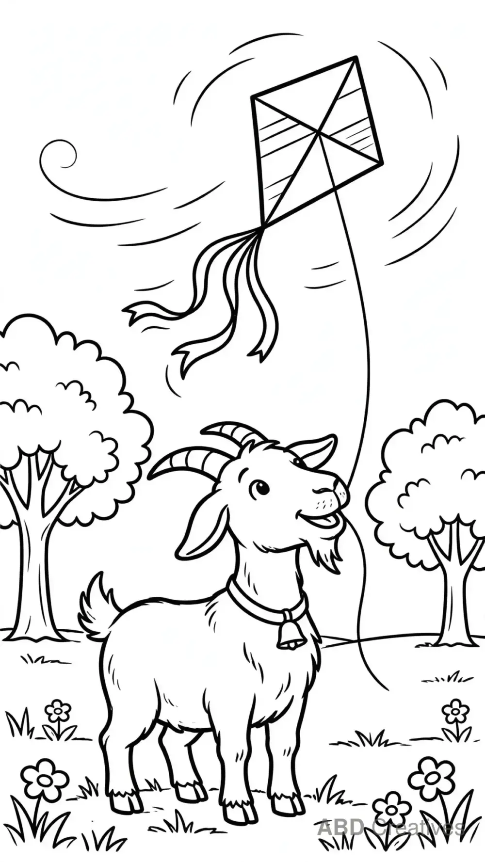 Goat with a Kite in the Park Coloring Page