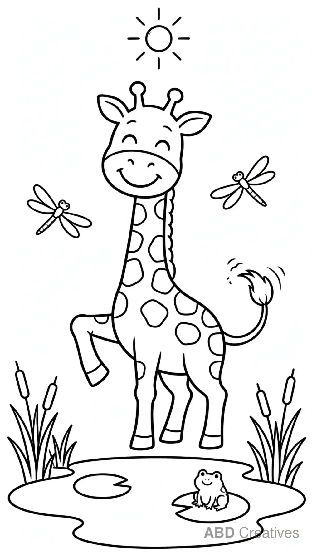 Happy Giraffe by a Pond Coloring Page