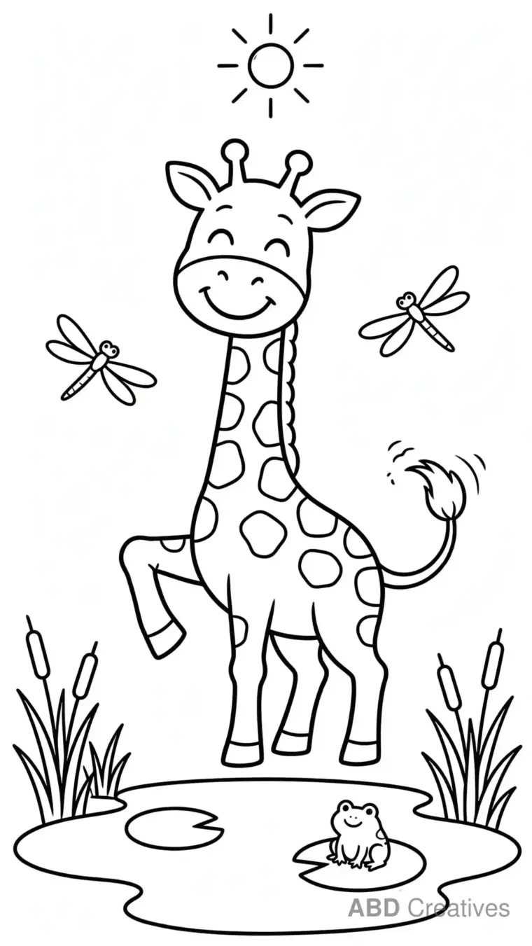 Happy Giraffe by a Pond Coloring Page