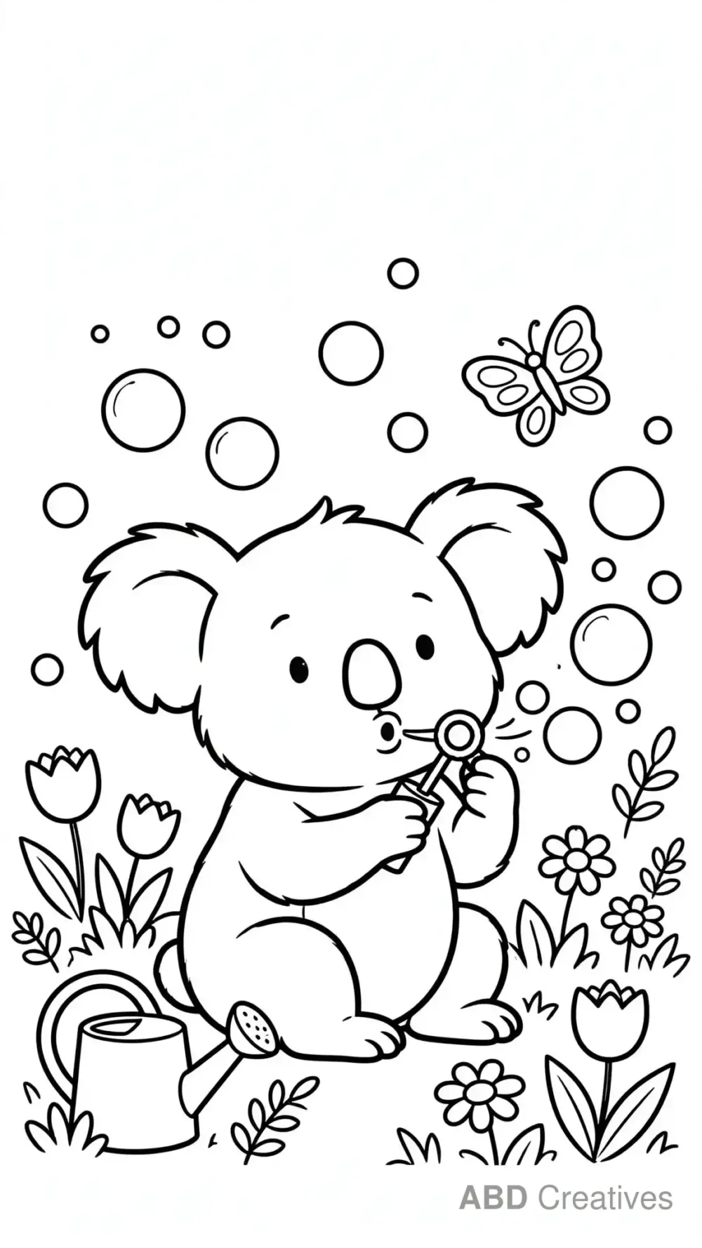 Koala Blowing Bubbles in a Garden Coloring Page