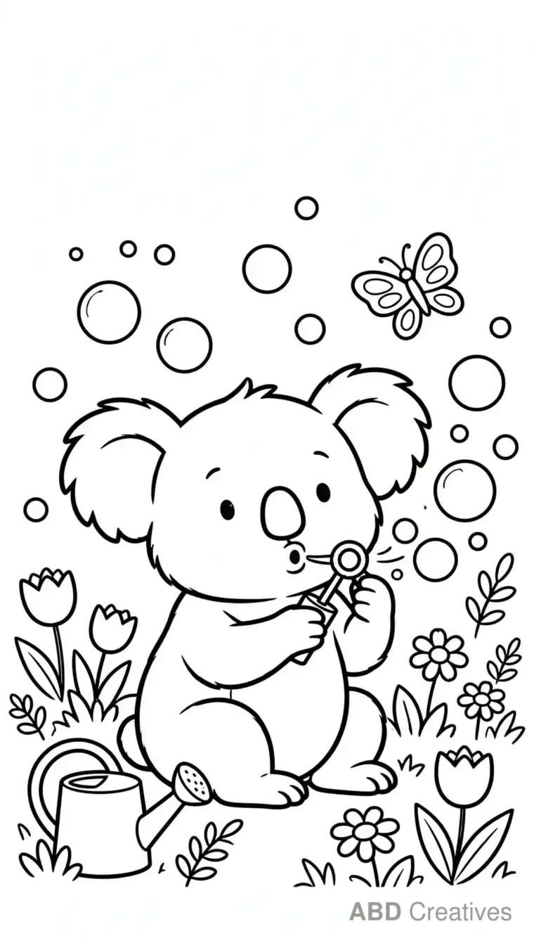 Koala Blowing Bubbles in a Garden Coloring Page