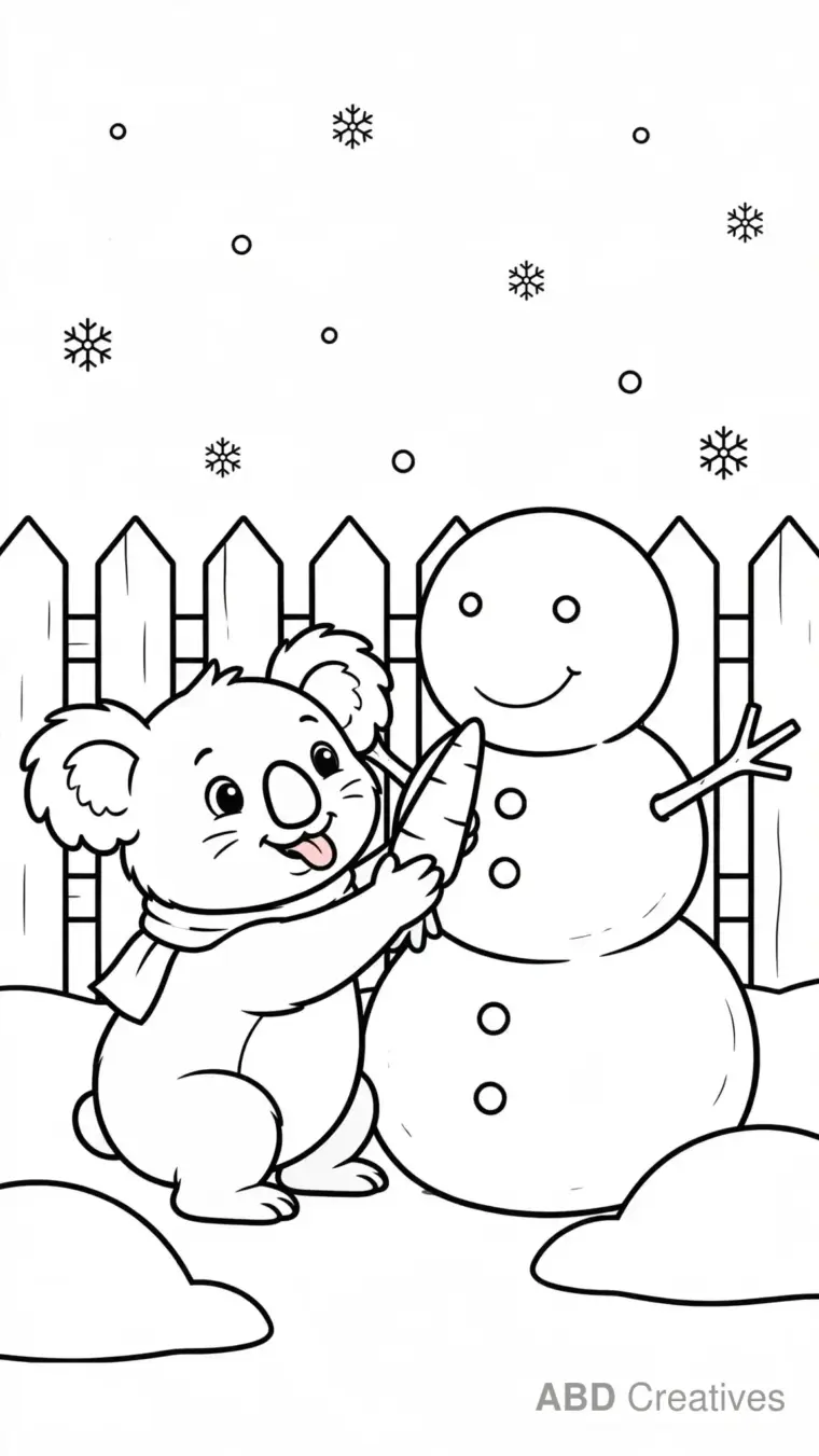 Koala Building a Snowman Coloring Page