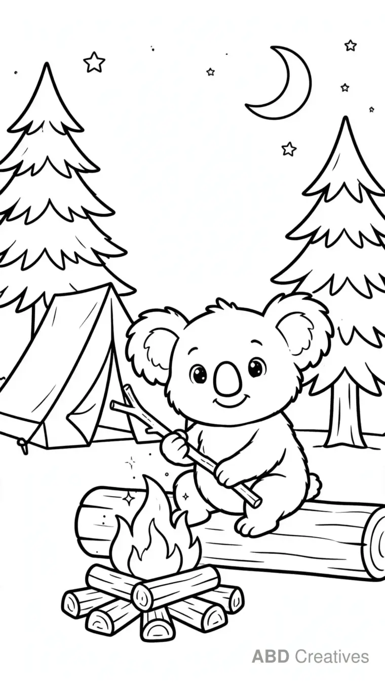 Koala Camping Under the Stars Coloring Page