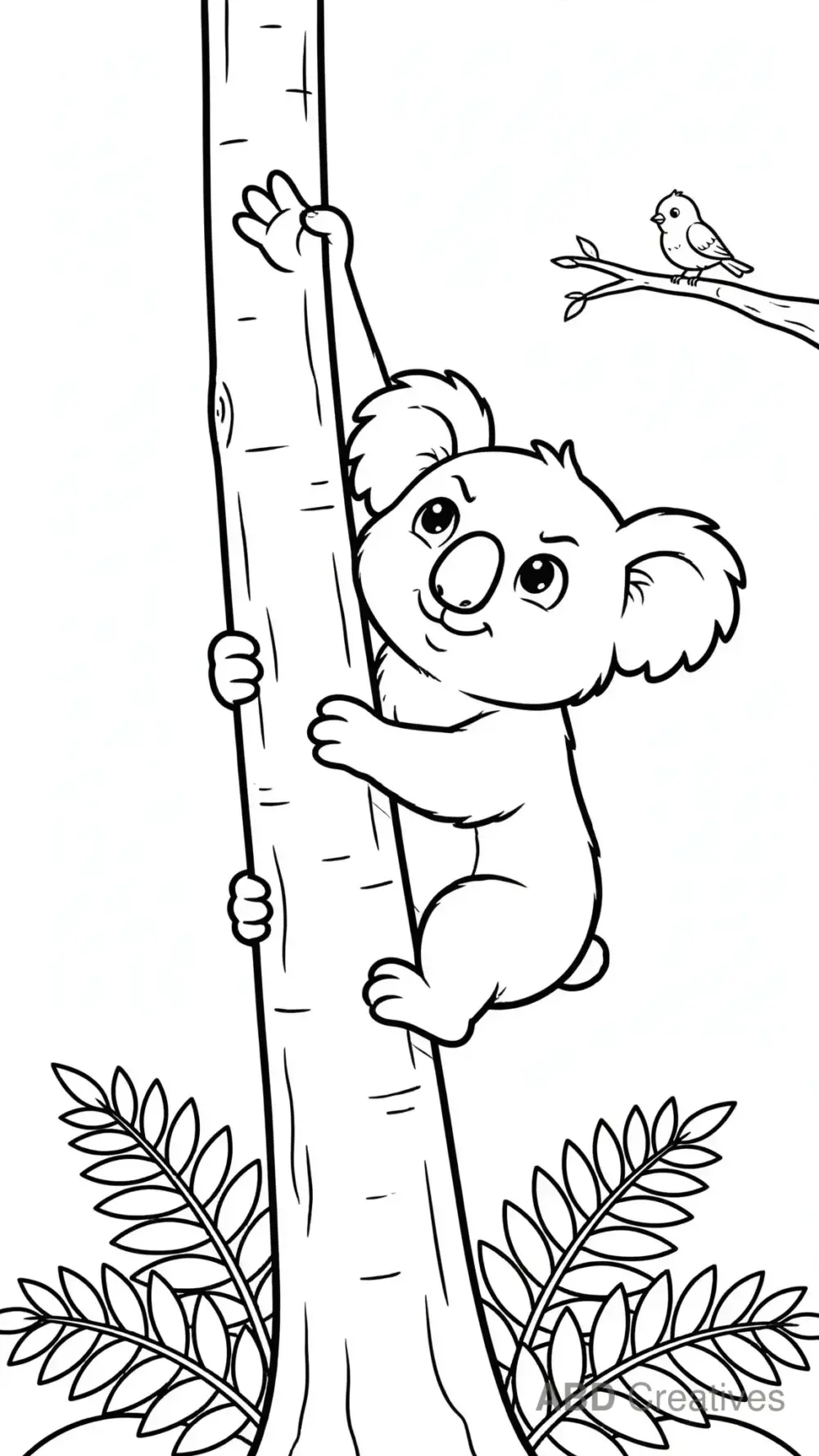 Koala Climbing Up a Tree Trunk Coloring Page