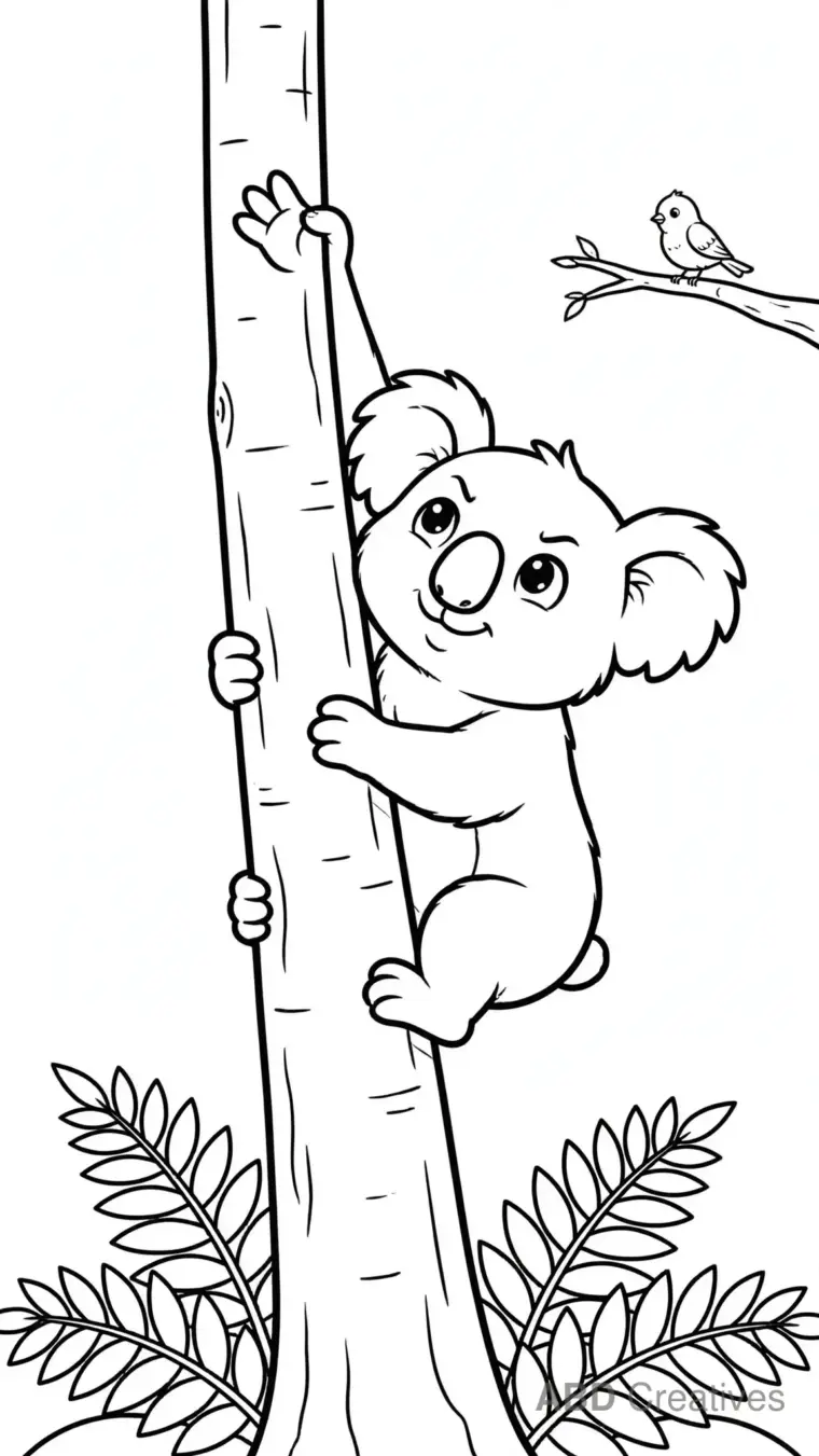Koala Climbing Up a Tree Trunk Coloring Page