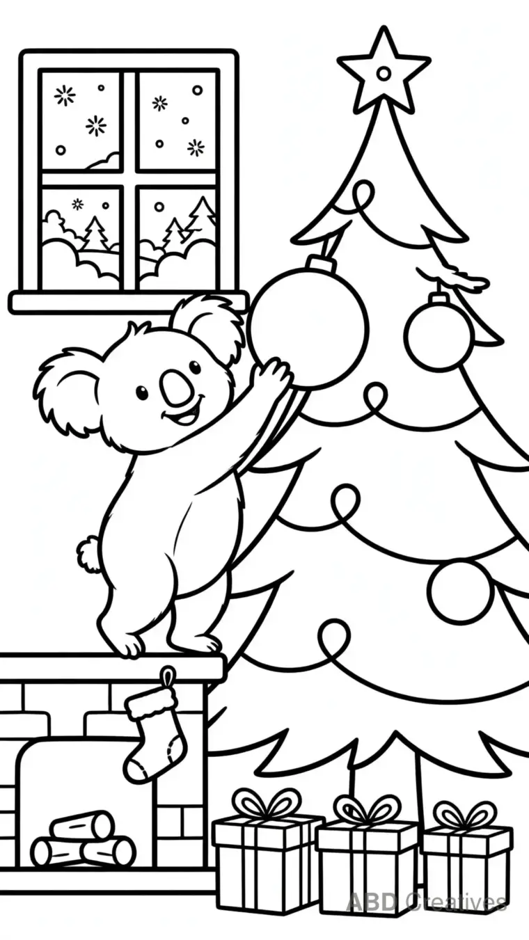 Koala Decorating a Christmas Tree Coloring Page