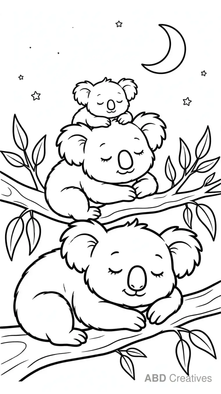 Koala Family Napping Together Coloring Page