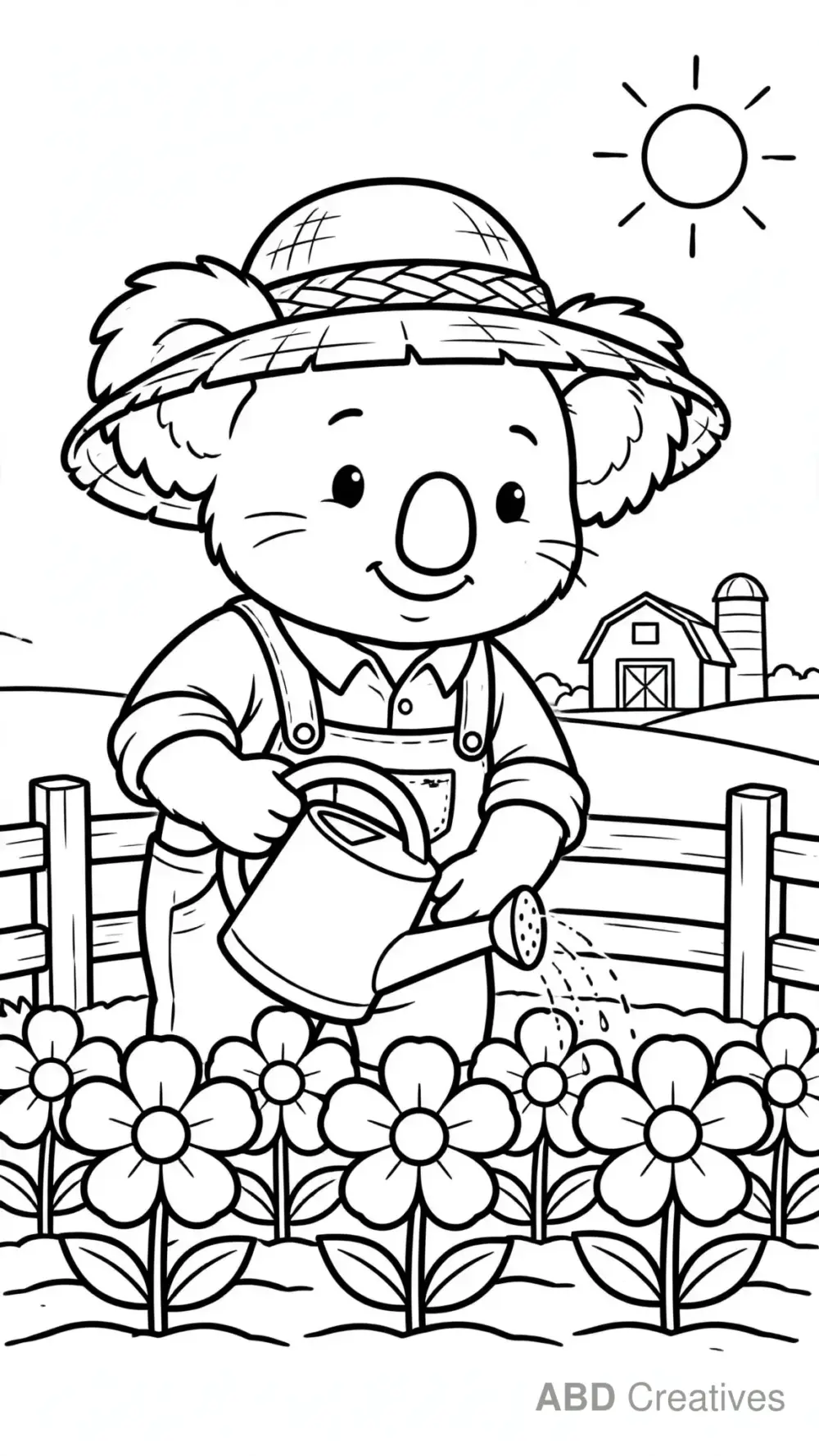 Koala Farmer Watering Flowers Coloring Page