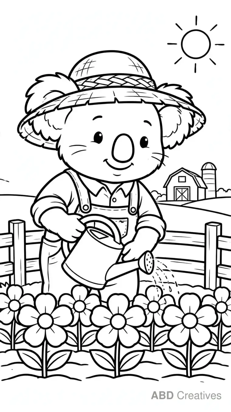 Koala Farmer Watering Flowers Coloring Page
