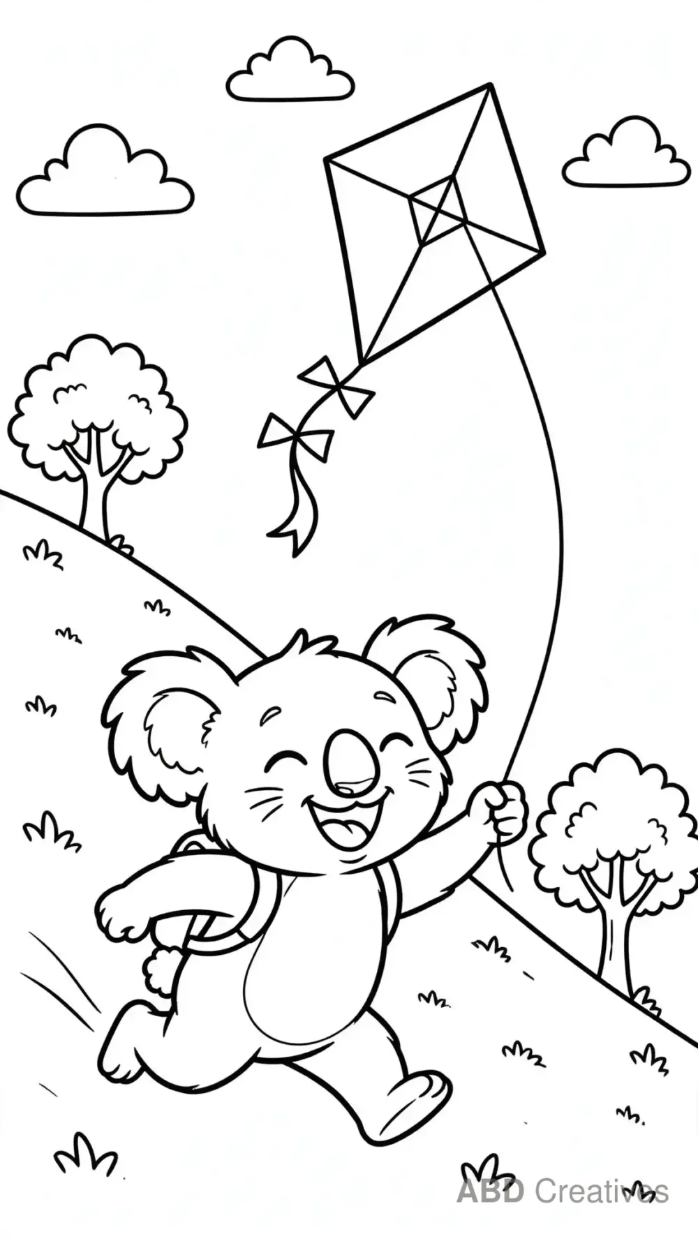 Koala Flying a Kite in the Park Coloring Page