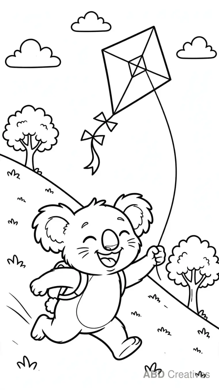 Koala Flying a Kite in the Park Coloring Page
