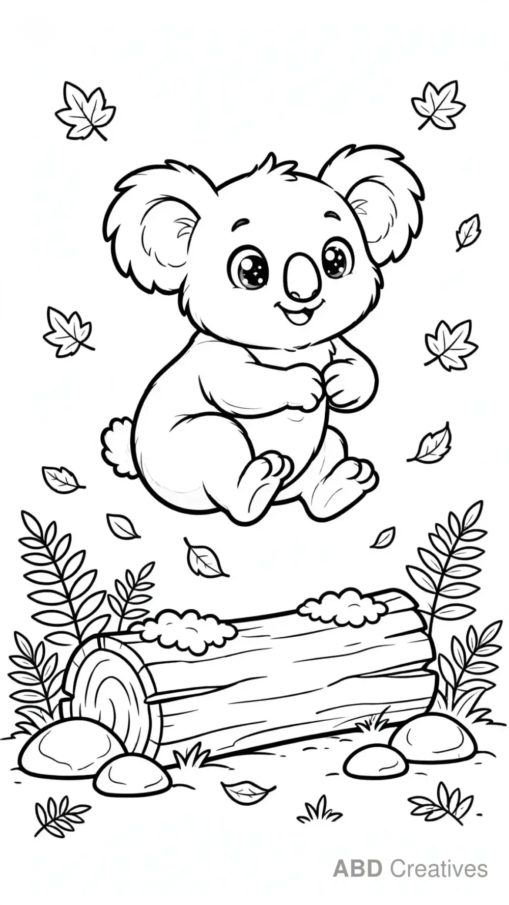Koala Jumping Over a Log Coloring Page