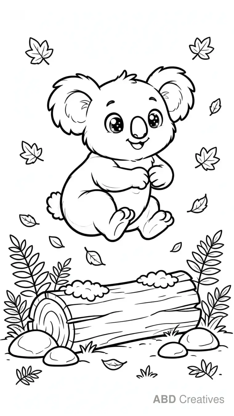 Koala Jumping Over a Log Coloring Page